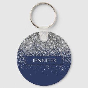 Monogram Navy Blue Silver Glam Glitter Key Ring