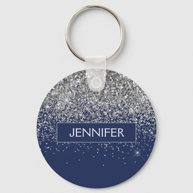 Monogram Navy Blue Silver Glam Glitter Key Ring (Front)