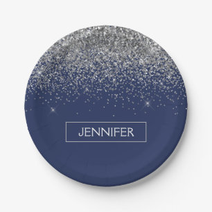 Monogram Navy Blue Silver Glam Glitter Paper Plate