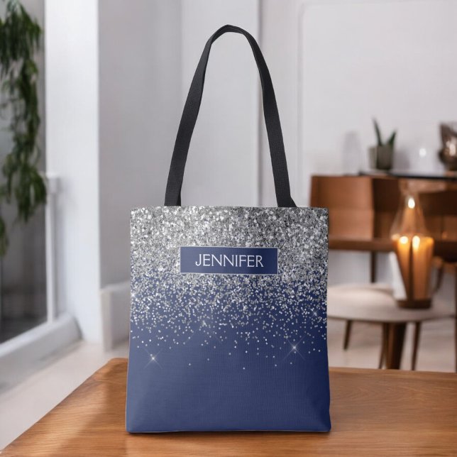 Monogram Navy Blue Silver Glam Glitter Tote Bag (Creator Uploaded)