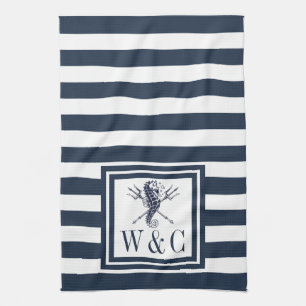 Monogram Navy Blue Stripe Seahorse Nautical Tea Towel