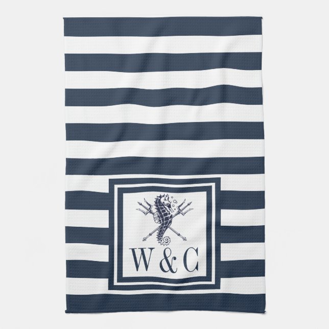 Monogram Navy Blue Stripe Seahorse Nautical Tea Towel (Vertical)