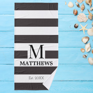 Monogram Navy Blue Stripes Family Beach House Bath Towel Set