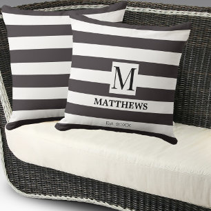 Monogram Navy Blue Stripes Family Name Beach House Cushion