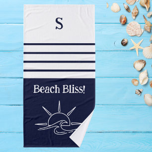 Monogram Navy Blue Stripes Nautical Beach House Bath Towel Set