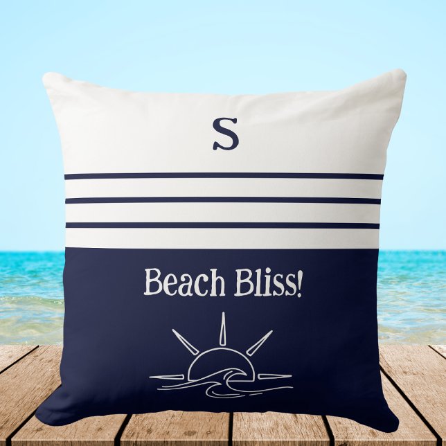 Monogram Navy Blue Stripes Nautical Beach House Cushion (Creator Uploaded)