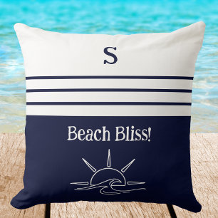 Monogram Navy Blue Stripes Nautical Beach House Cushion