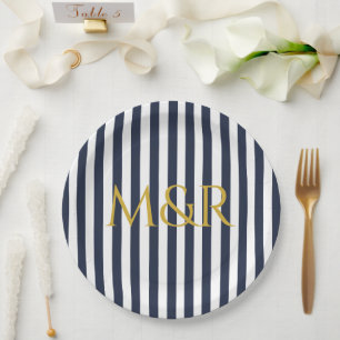 Monogram Navy Blue Stripes Striped Anniversary Paper Plate
