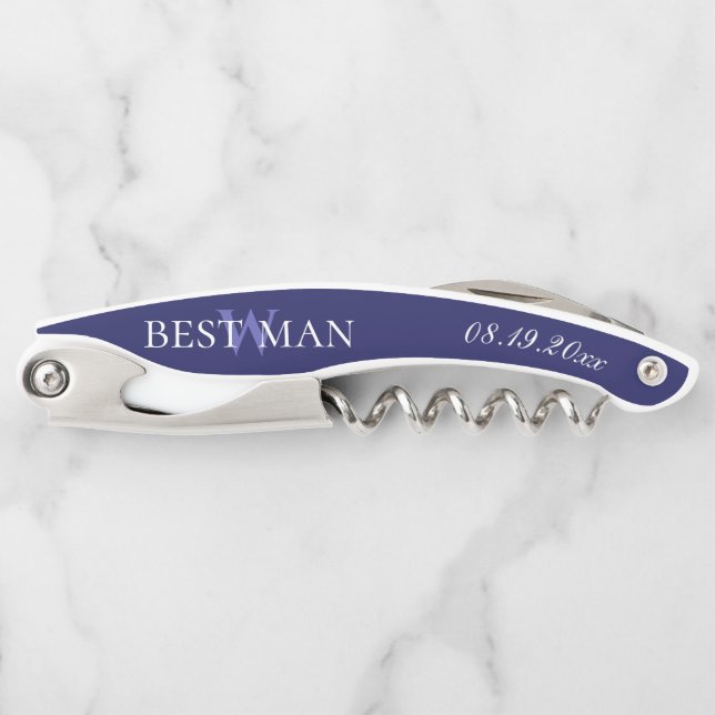 Monogram Navy Blue White Best Man Wedding Corkscrew (Front)