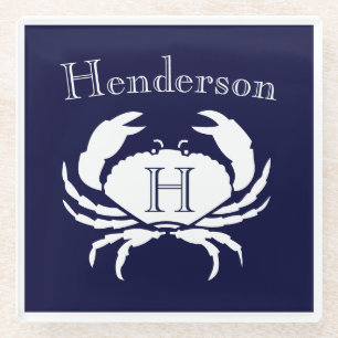 Monogram Navy Blue White Crab Nautical   Glass Coa Glass Coaster