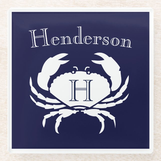 Monogram Navy Blue White Crab Nautical   Glass Coa Glass Coaster (Front)