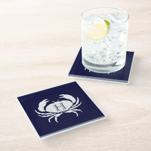 Monogram Navy Blue White Crab Nautical   Glass Coaster