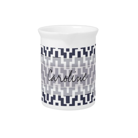 Monogram Navy Blue White Ikat Chevron Geo Pattern Pitcher