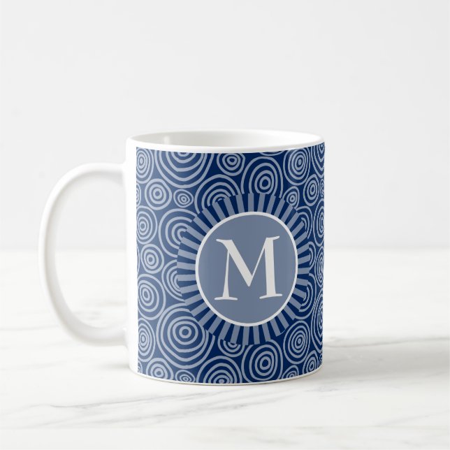 Monogram Navy Blue White Spirals - Personalised Coffee Mug (Left)
