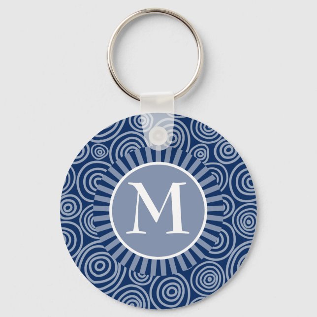 Monogram Navy Blue White Spirals - Personalised Key Ring (Front)