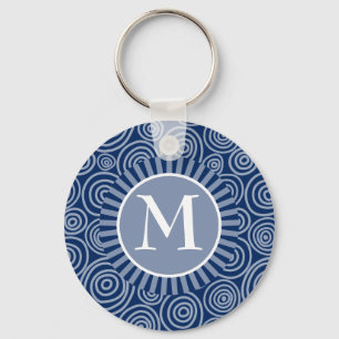 Monogram Navy Blue White Spirals - Personalized Key Ring