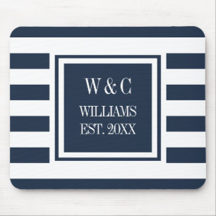 Monogram Navy Blue White Stripe Personalised Mouse Pad