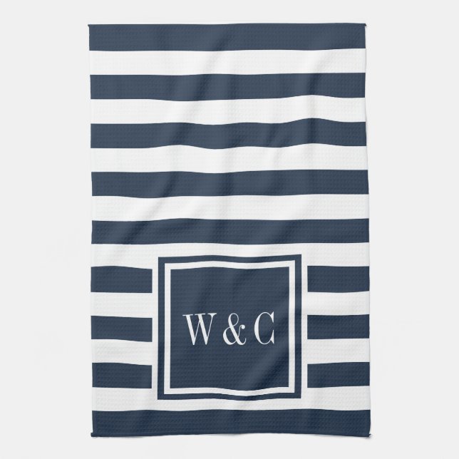 Monogram Navy Blue White Stripe Personalised Tea Towel (Vertical)