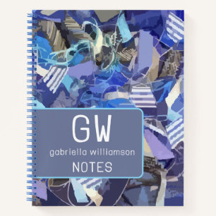 Monogram navy blue white striped nautical abstract notebook