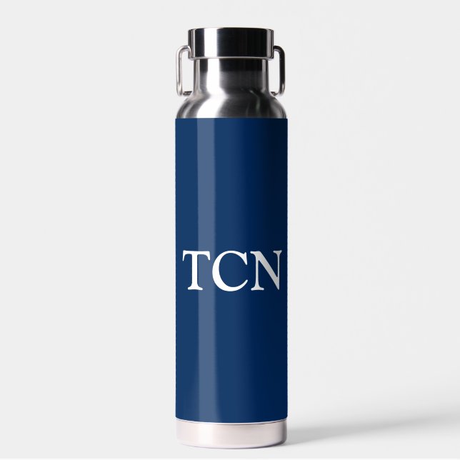 Monogram Navy Blue White Trendy Gift for Him Water Bottle (Front)