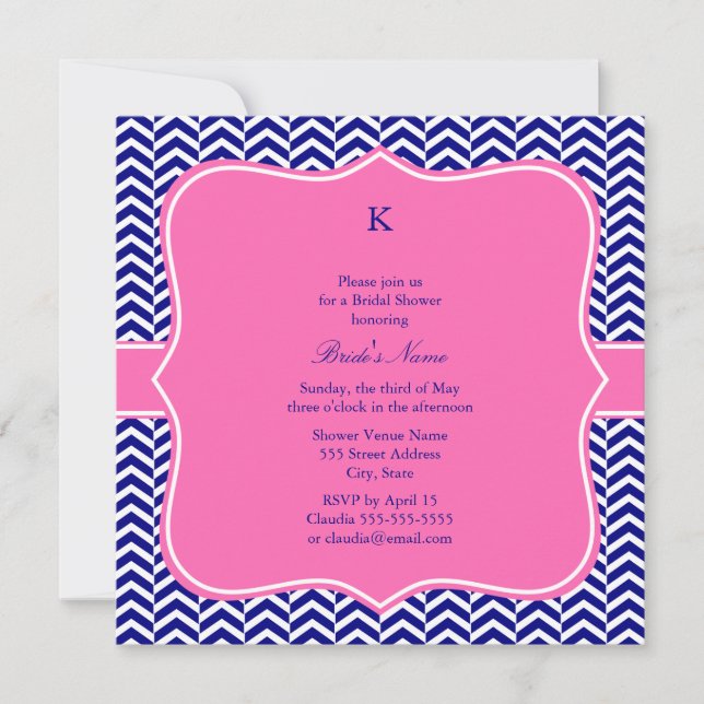Monogram Navy Blue with Hot Pink Chevron Bridal Invitation (Front)