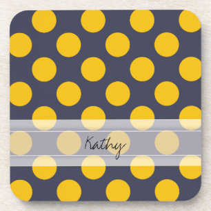 Monogram Navy Blue Yellow Chic Polka Dot Pattern Coaster