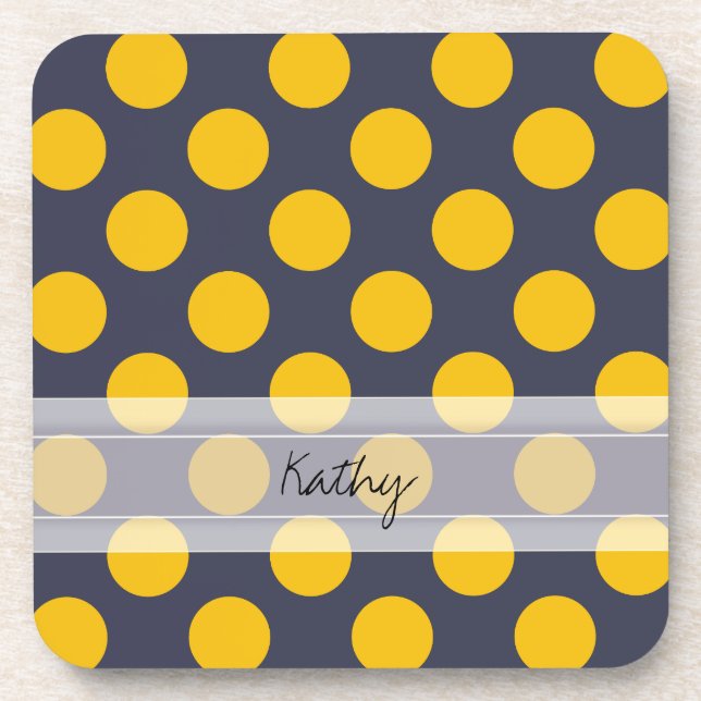 Monogram Navy Blue Yellow Chic Polka Dot Pattern Coaster (Front)
