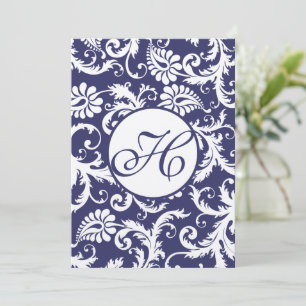 Monogram Navy Damask Swirls Wedding Invitation