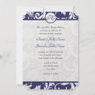 Monogram Navy Damask Swirls Wedding Invitation
