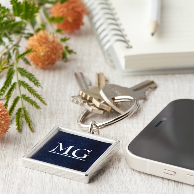 Monogram Navy Faux Leather Keychain (Side)