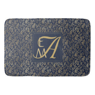 Monogram Navy Gold Leaf Newlyweds Home Decor Gift Bath Mat