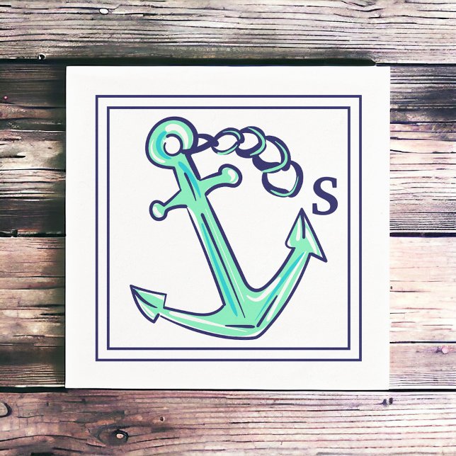 Monogram Navy Green Anchor Nautical Boat Coastal  Napkin (Creator Uploaded)