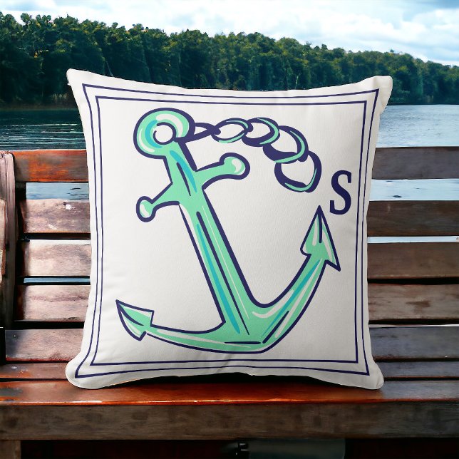 Monogram Navy Green Anchor Nautical Boat Cushion (Creator Uploaded)