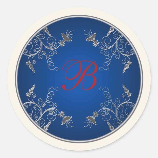 Monogram Navy, Ivory, Red, Silver Floral Sticker (Front)