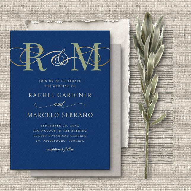 Monogram Navy Olive Sage Green QR Code Wedding Invitation (Creator Uploaded)