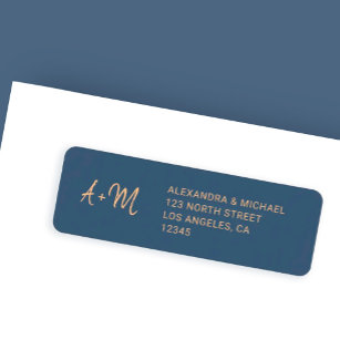 Monogram navy rose gold wedding return address return address label