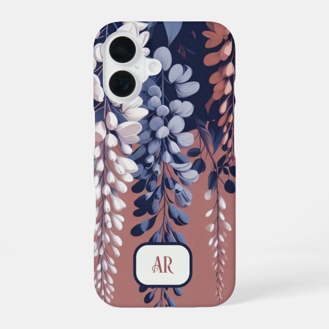 Monogram Navy Rose Wisteria Elegance iPhone 16 Case (Back)