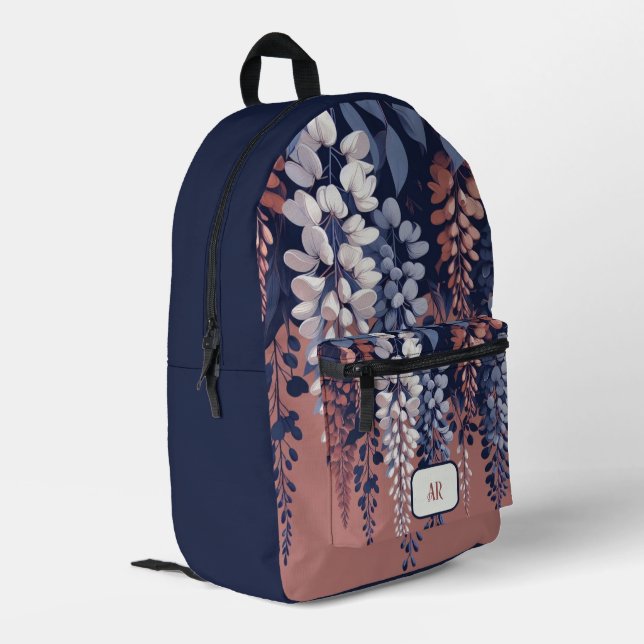 Monogram Navy Rose Wisteria Elegance Printed Backpack (Back Corner Left)