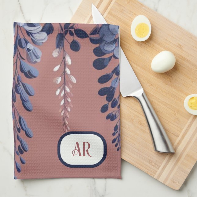 Monogram Navy Rose Wisteria Elegance Tea Towel (Quarter Fold)