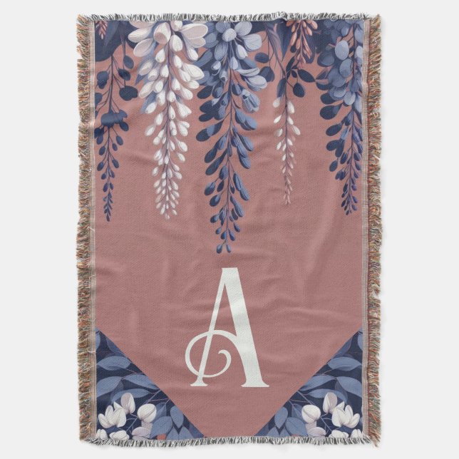 Monogram Navy Rose Wisteria Elegance Throw Blanket (Front Vertical)