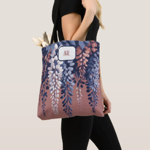 Monogram Navy Rose Wisteria Elegance Tote Bag