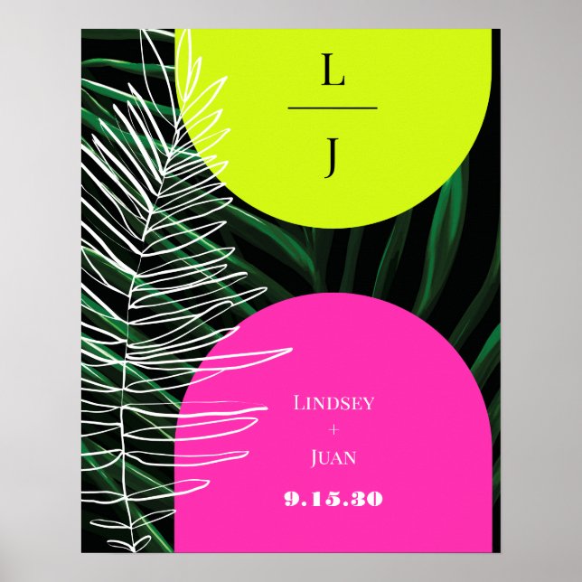 Monogram Neon Arches Tropical Palm Leaf Wedding Poster (Front)