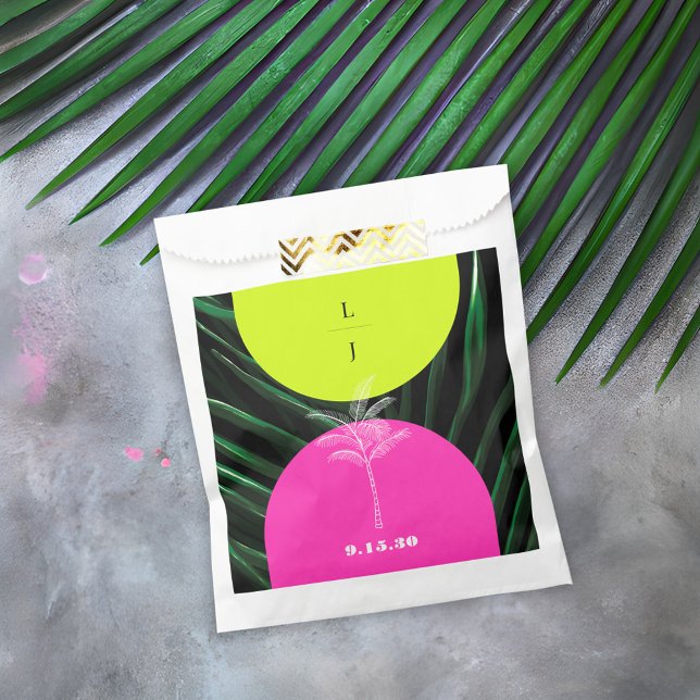 Monogram Neon Arches Tropical Palm Tree Wedding Favour Bag (Creator Uploaded)