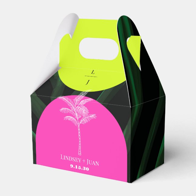 Monogram Neon Arches Tropical Palm Tree Wedding Favour Box (Front Side)