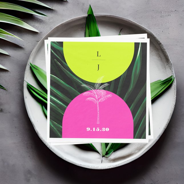 Monogram Neon Arches Tropical Palm Tree Wedding Napkin (Creator Uploaded)