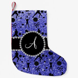 Monogram neon blue glitter volleyball players small christmas stocking