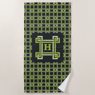 Monogram Neon Citrus Green Black Greek Key Beach Towel