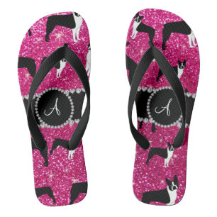 Monogram neon hot pink glitter boston terriers thongs
