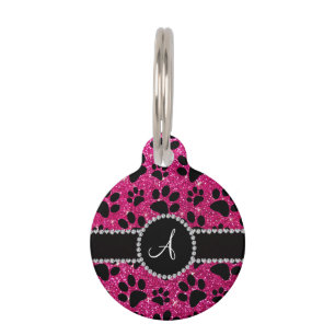 Monogram neon hot pink glitter dog paws pet tag