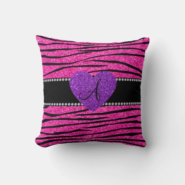 Monogram neon hot pink glitter zebra stripes pink cushion (Front)